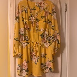 3/4 sleeve yellow and floral print semi sheer top